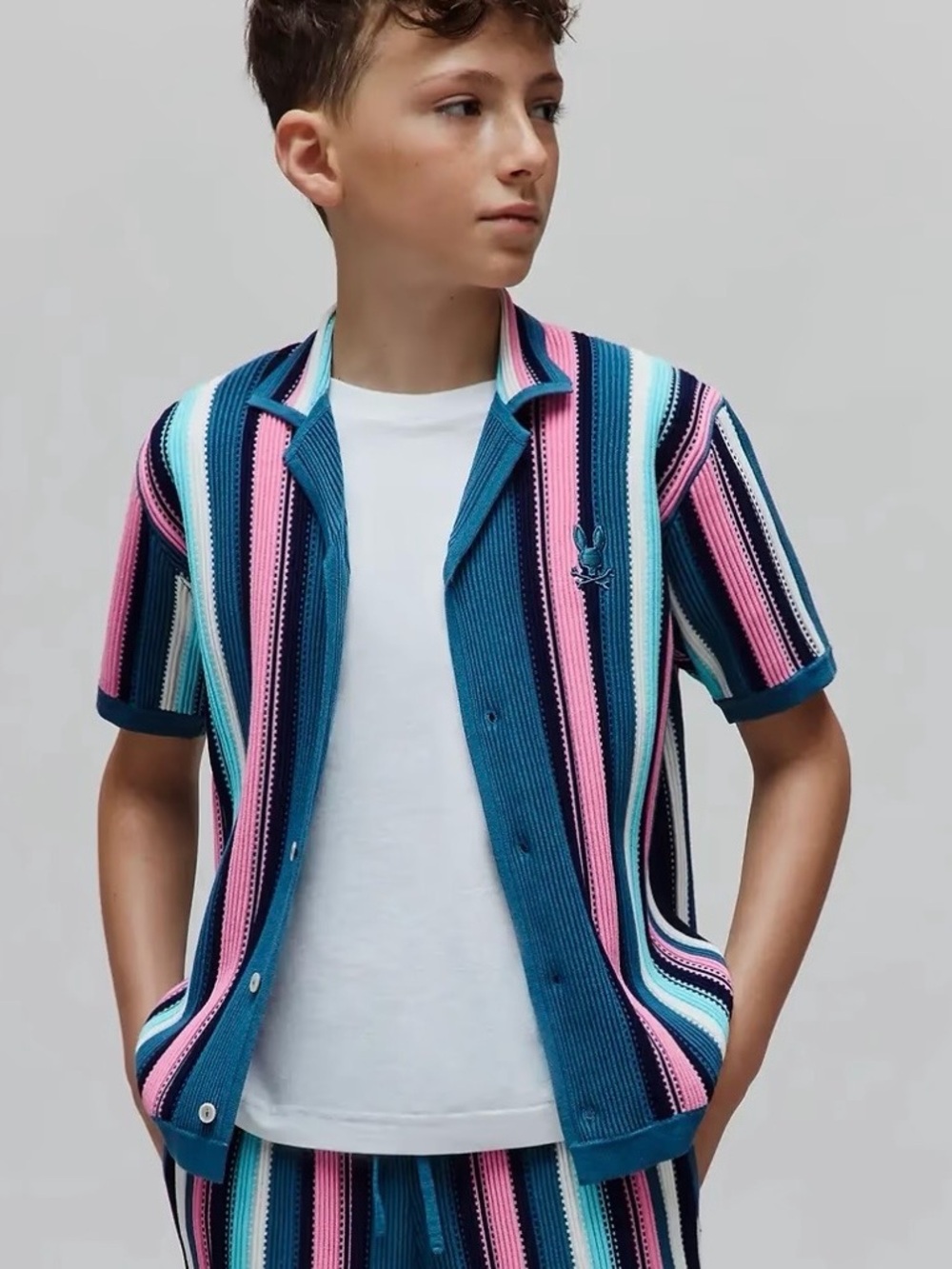 Boys Striped Knit Button-Up Shirt - Psycho Bunny , Sz Large 14-16